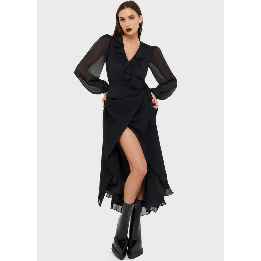 Killstar Odelina Maxi Dress Black Ruffle Wrap Chiffon Goth Witchy XS
